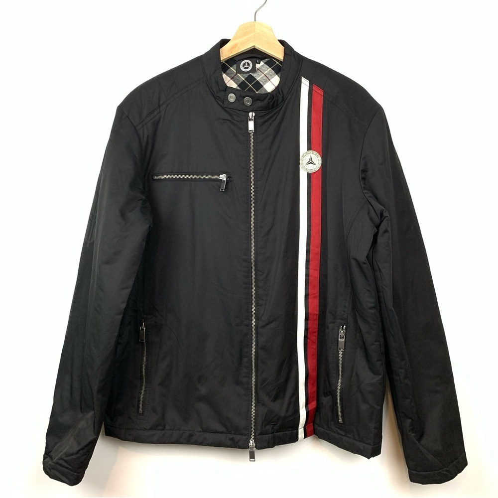Mercedes Benz Jacket Coat Bomber Black Sz Large Logo Stripes Luxury 2 Way Zip